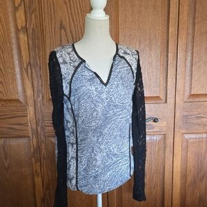 BKE Black and Gray Paisley Lace Blouse